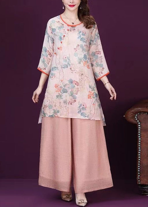 Loose Pink O Neck Print Tops and Pants Cotton Two Pieces Set Summer