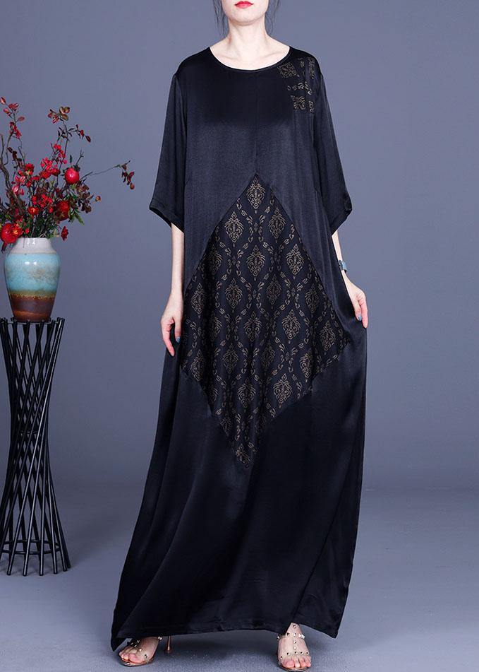 Fine Black Patchwork Print O-neck Silk Summer Dresses