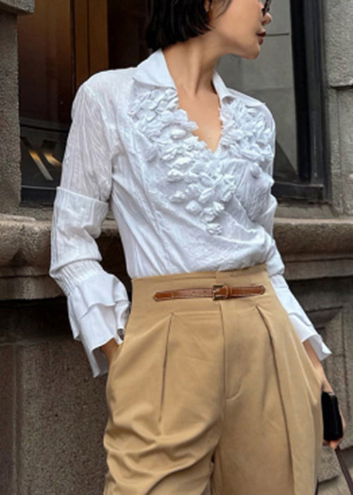 Stylish White V Neck Wrinkled Cotton Blouse Fall