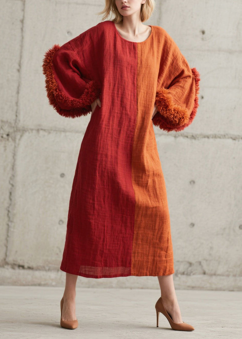 Diy Colorblock O-neck Patchwork Faux Fur Maxi Dress Lantern Sleeve