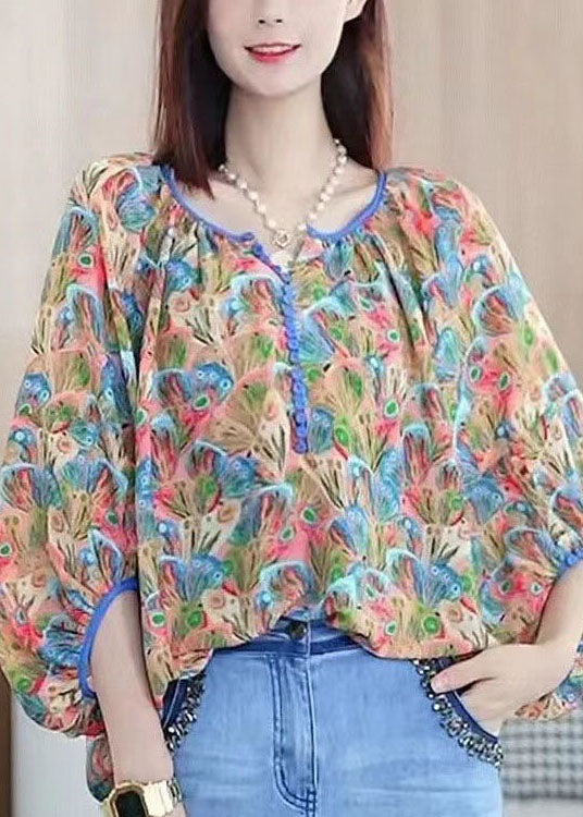 Colorblock V Neck Print Chiffon Shirt Tops Summer