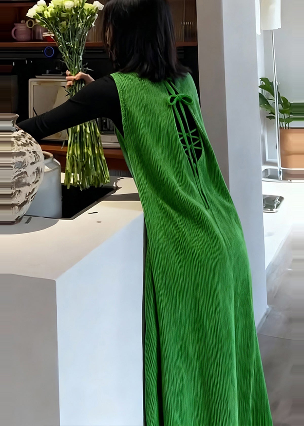 Green Backless Corduroy Long Dresses Sleeveless