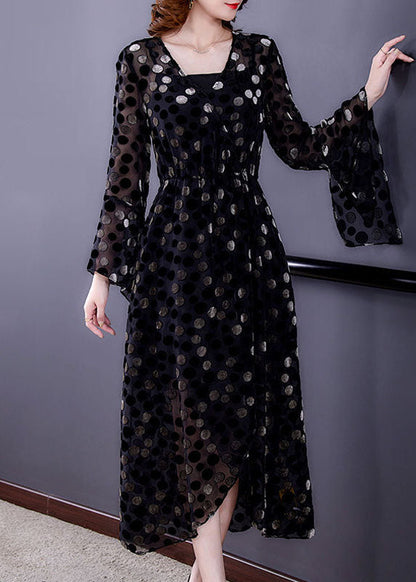 Black Cinched Side Open Dot Silk Velour Maxi Dress Flare Sleeve