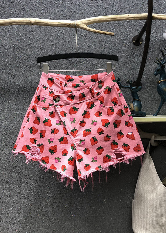 Pink Strawberry Print Pockets Denim Shorts Summer