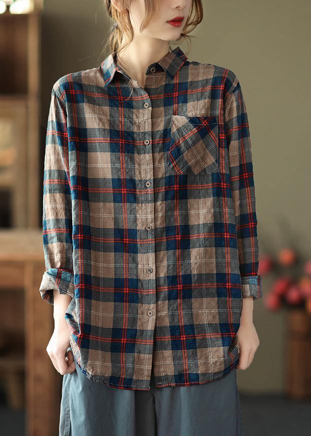Diy Blue Plaid Blouses for Lapel Pockets Art Spring Tops