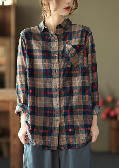 Diy Blue Plaid Blouses for Lapel Pockets Art Spring Tops