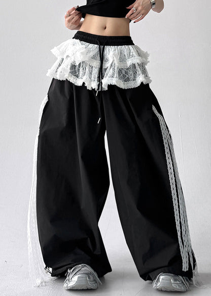 Black Elastic Waist Cotton Fall Pants Lace Asymmetrical Fall