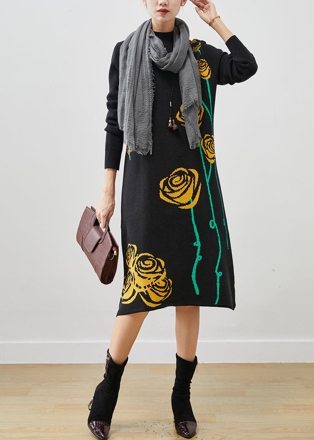 Black Stand Collar Jacquard Knit Long Dress Spring