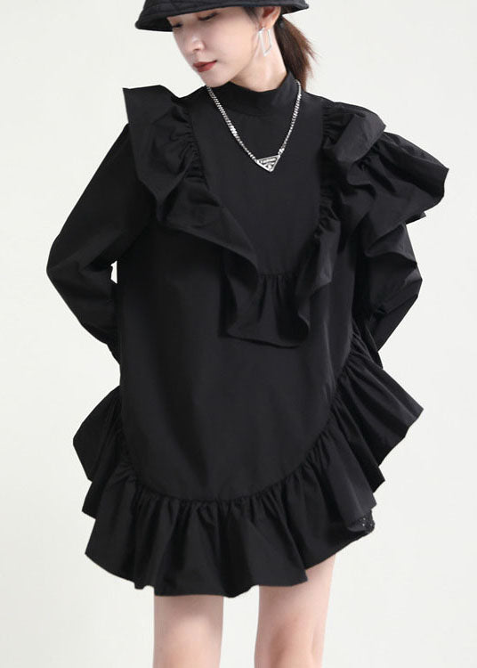 Diy Black Stand Collar Asymmetrical Ruffled Dresses Spring