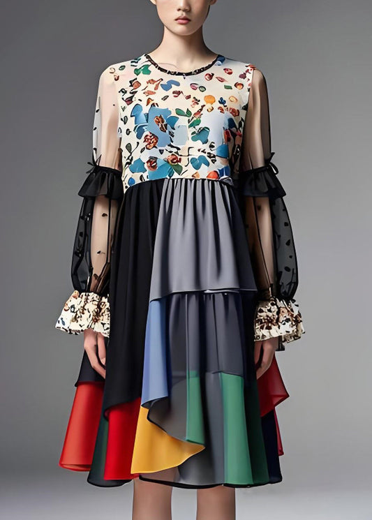 O Neck Print Organza Patchwork Chiffon Dress Long Sleeve
