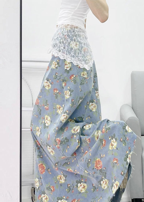 Light Blue Flower Print Denim a Line Skirts Fall