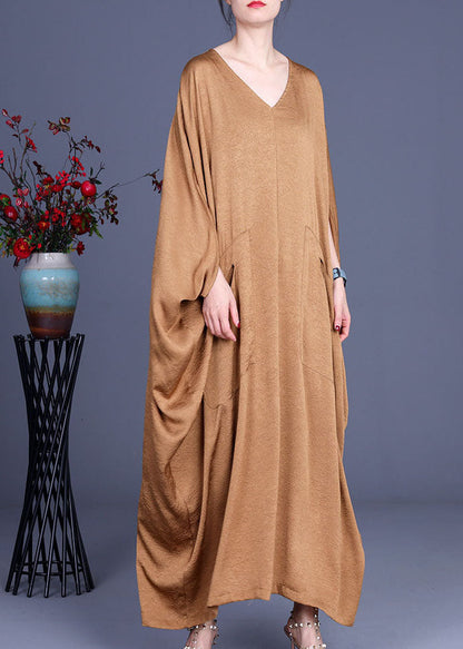 Red Bat Wing Sleeve Silk Maxi Dress V Neck Spring