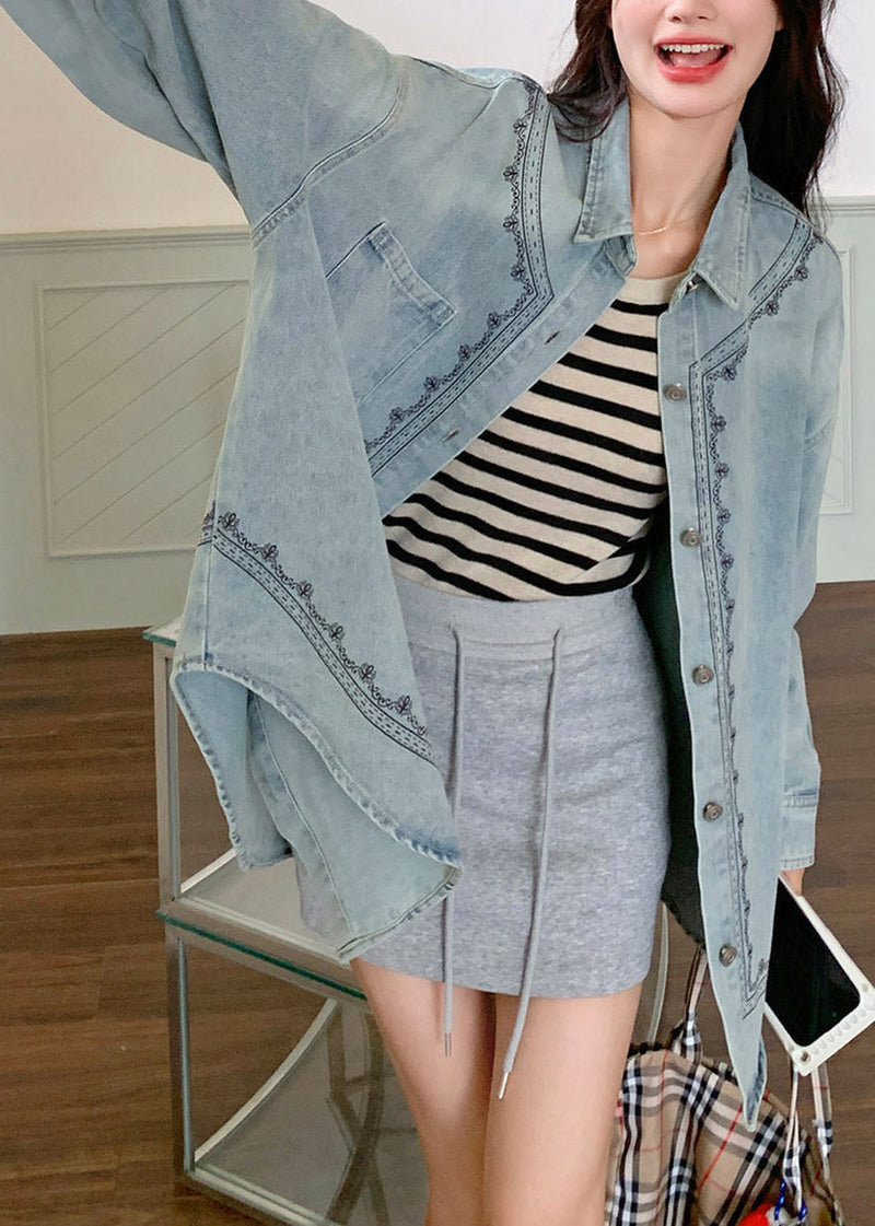 Blue Peter Pan Collar Patchwork Button Denim Shirt Fall