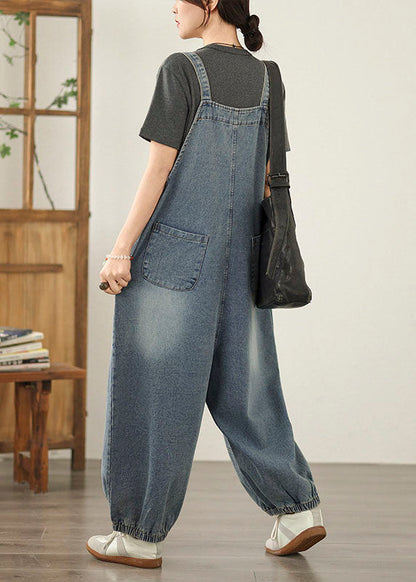 Blue Patchwork Denim Jumpsuit Pockets Spring