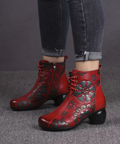 Black Boots Chunky Cowhide Leather Embossed Splicing