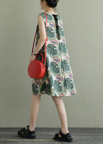 Green O-neck Print Bow Cotton a Line Dress Sleeveless
