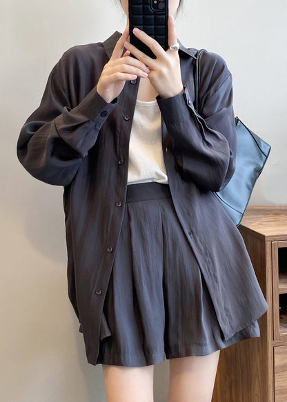 Dark Gray Button Silk Two-piece Set Peter Pan Collar Spring