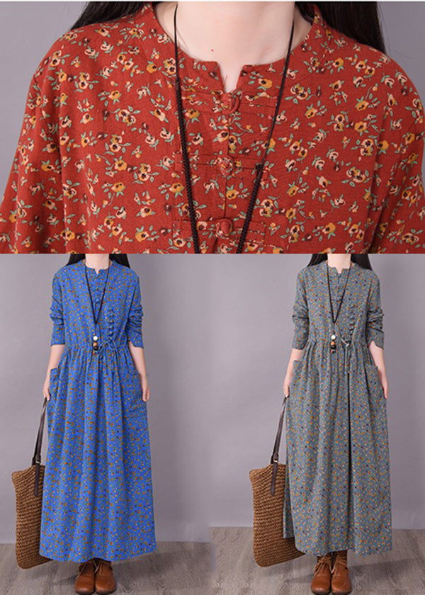 Blue O-neck Wrinkled Print Linen Dress Long Sleeve