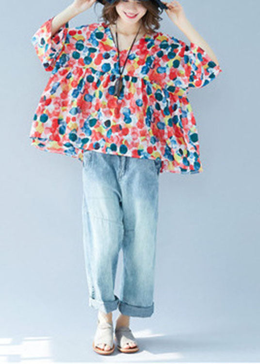 Flare Sleeve V Neck Patchwork Print Fall Blouse Tops