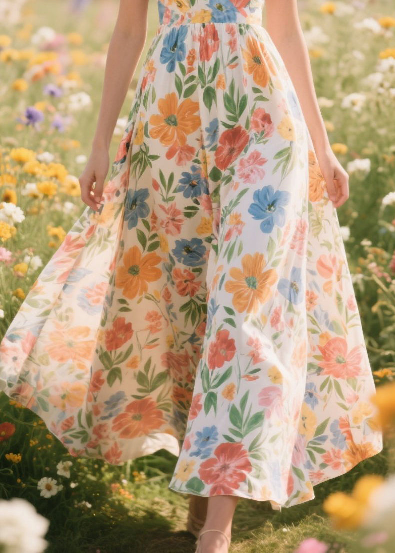 Apricot Print Draping Chiffon Dresses Summer