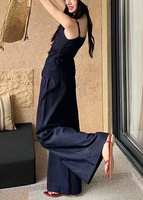 Navy Asymmetrical Silm Fit Denim 2 Piece Outfit Summer