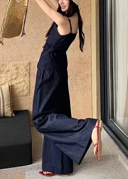 Navy Asymmetrical Silm Fit Denim 2 Piece Outfit Summer