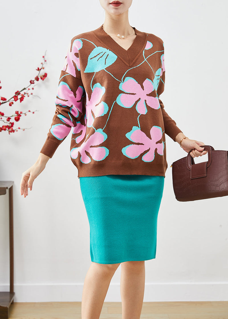 Slim Fit V Neck Print Knit Sweater and Skirt Sets 2 Pieces Fall