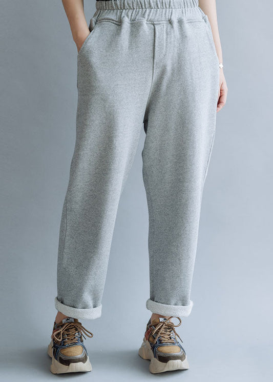 Grey Elastic Waist Cotton Straight Pants Spring