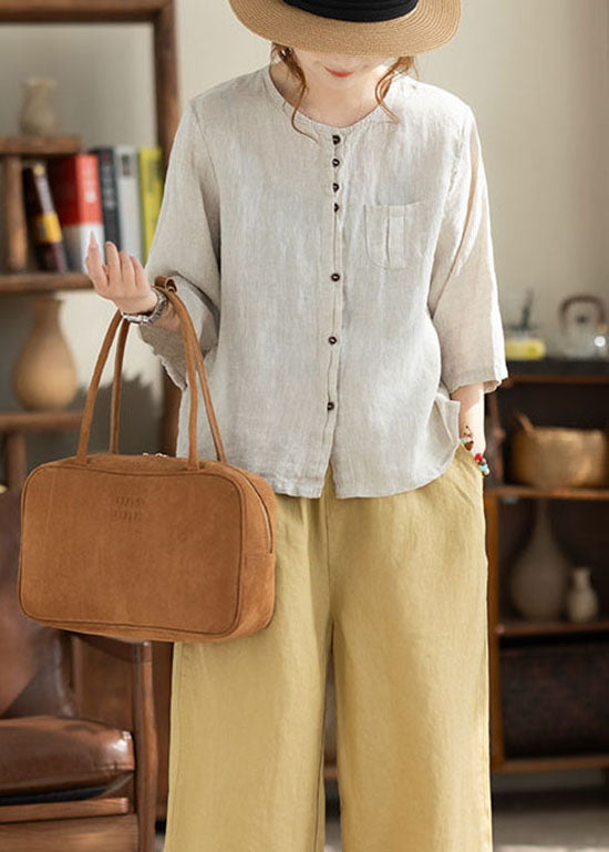 Khaki O Neck Button Pockets Linen Shirt Bracelet Sleeve