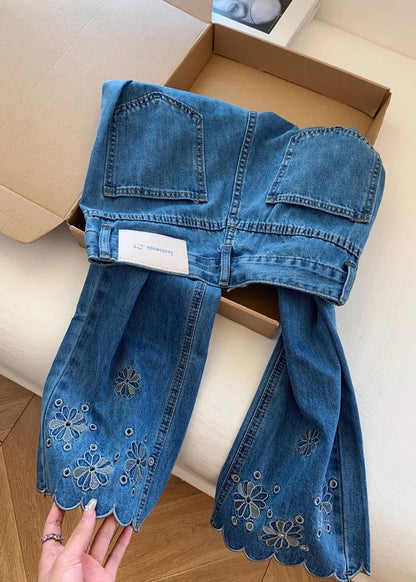 Blue Embroidered Denim Crop Pants Trousers Fall
