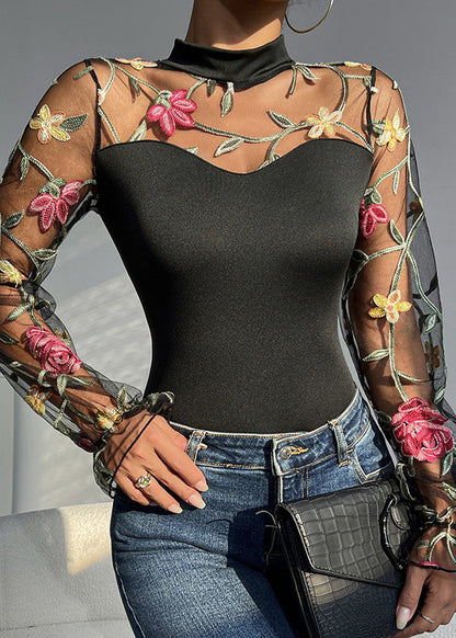 Black Embroideried Hollow Out Tulle Bodysuit