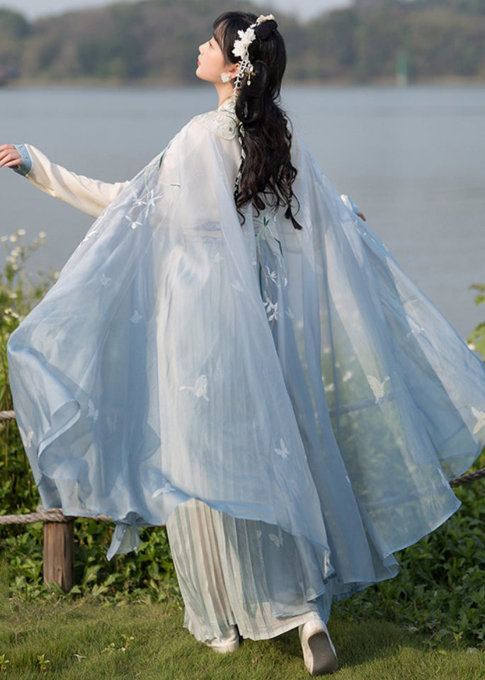Chinese Style Beige Embroideried Tops and Blue Pleated Skirt Chiffon Two Pieces Set Fall