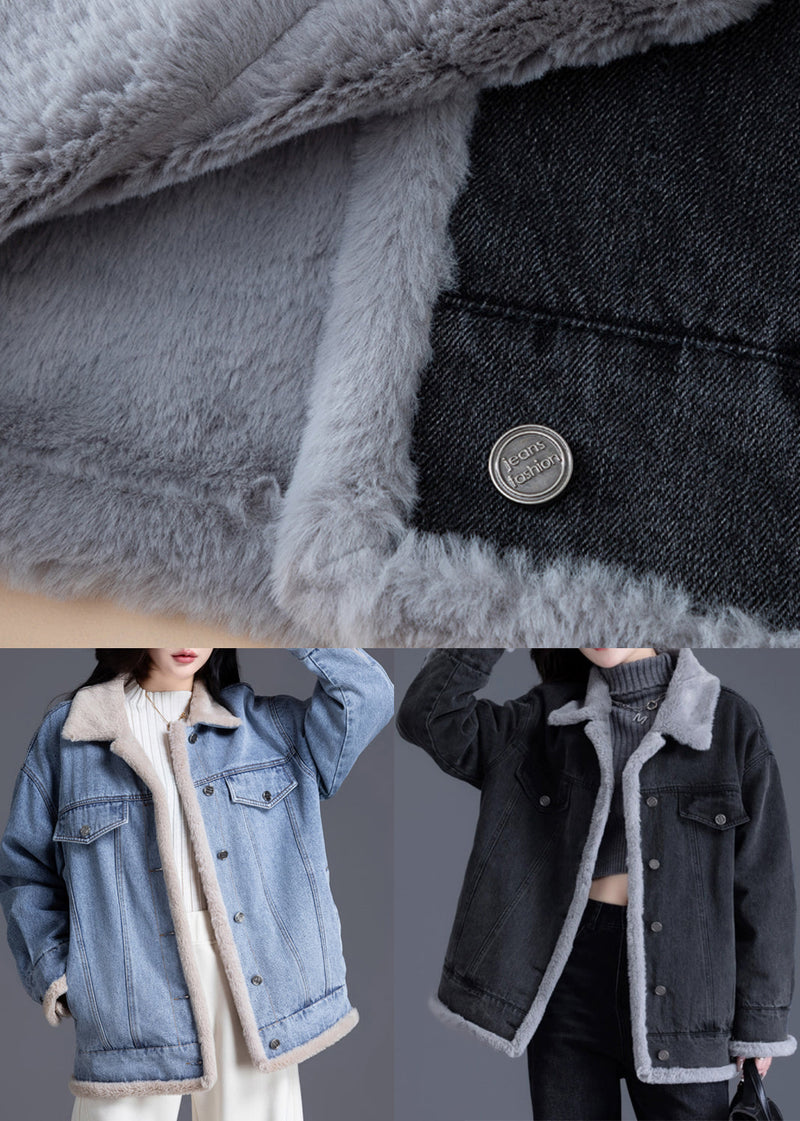 Denim Blue Warm Fleece Jacket Oversized Thick Winter