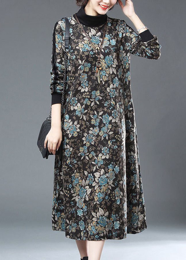 Blue Turtleneck Print Patchwork Warm Fleece Long Dresses Fall