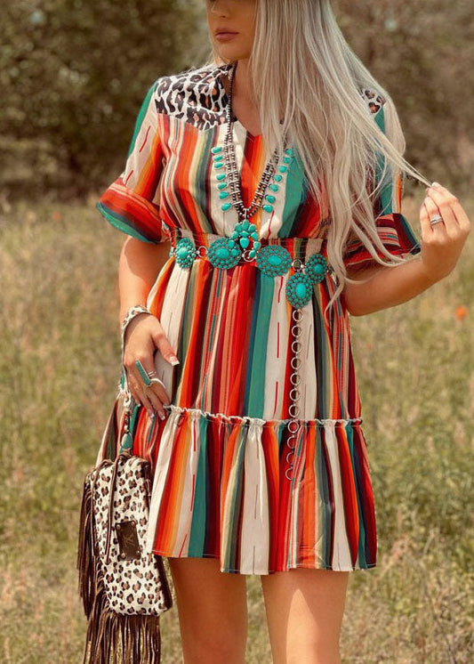 V Neck Multi Striped Print Cinch Pleated Dresses Short Sleeve