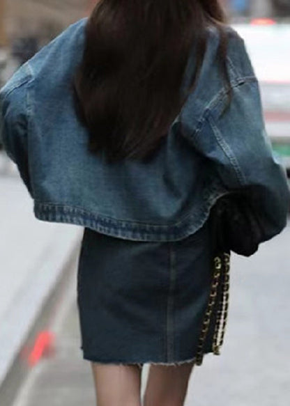 Retro Blue Peter Pan Collar Patchwork Button Denim Coats Long Sleeve Fall