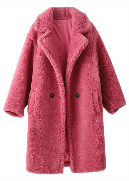 Rose Notched Pockets Cozy Loose Faux Fur Coat Long Sleeve