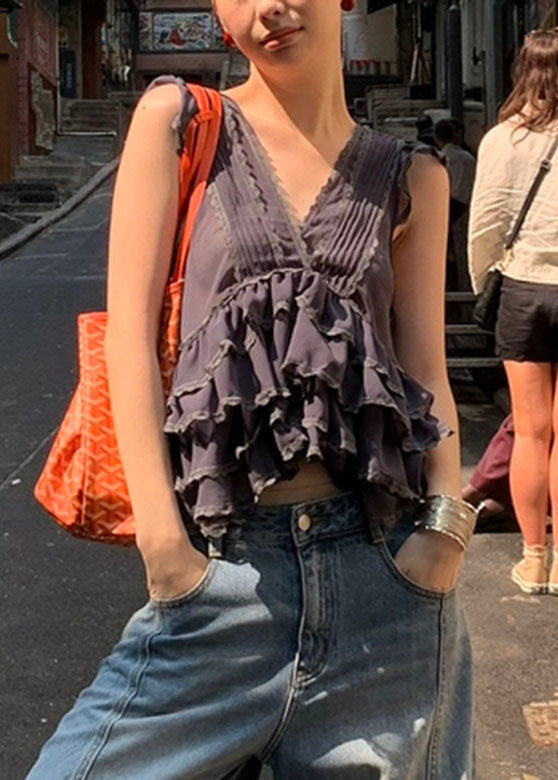 Grey V Neck Ruffled Lace Patchwork Chiffon Vest Summer