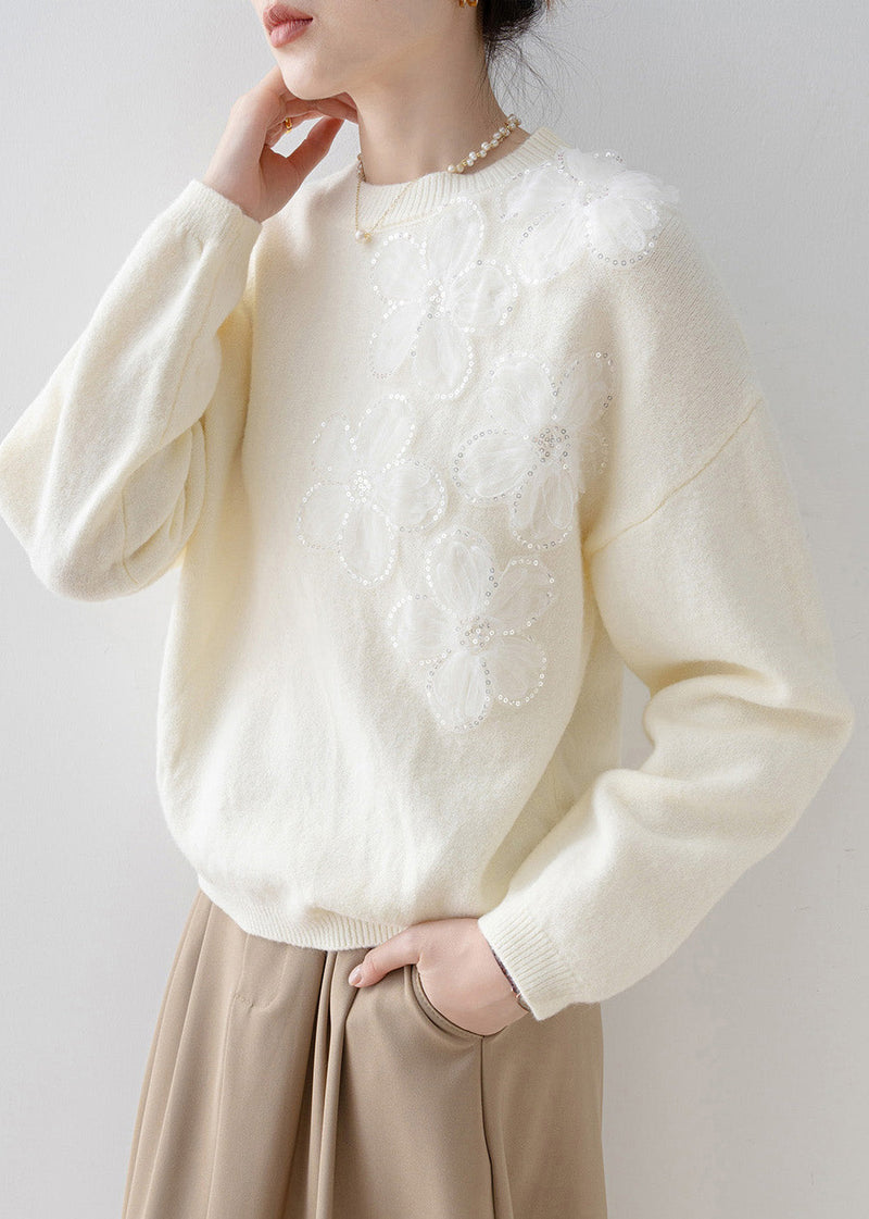 French White O Neck Sequins Knit Sweater Tops Spring