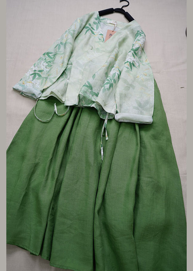 Green V Neck Print Lace Up Linen Two Pieces Set Summer