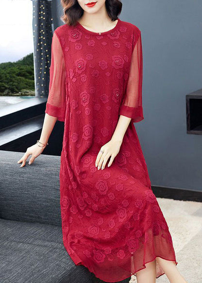 Red O-neck Embroideried Silk Dresses Long Sleeve