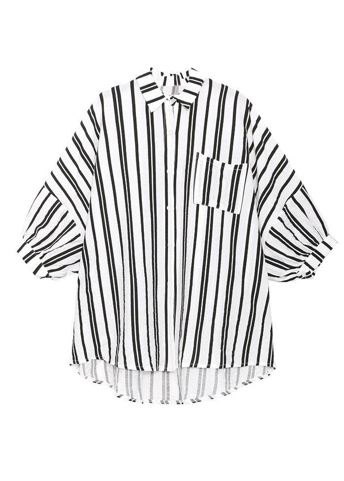 Black White Striped Pockets Button Shirt Tops Summer