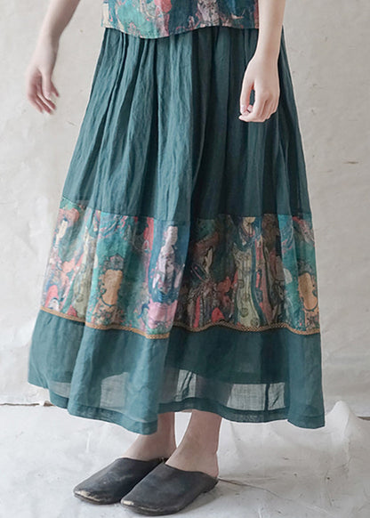 Retro Green Elastic Waist Drawstring Print Patchwork Linen Skirt Spring