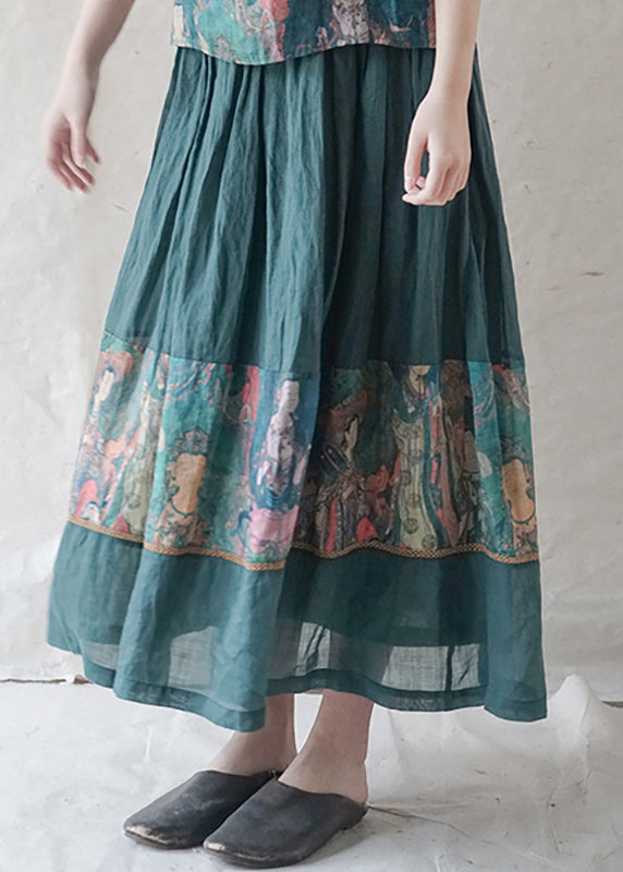 Retro Green Elastic Waist Drawstring Print Patchwork Linen Skirt Spring