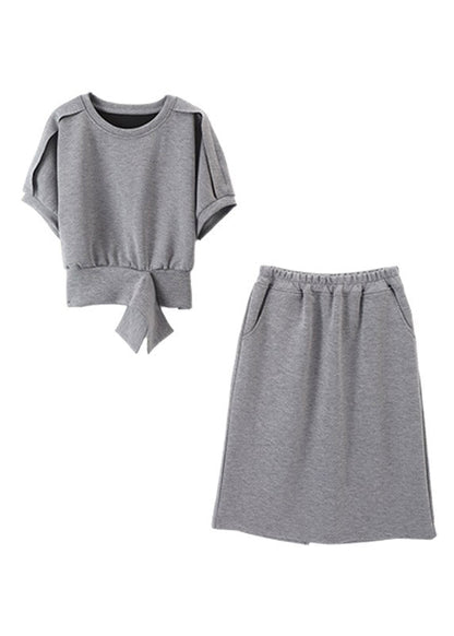 Grey O-neck Top and Skirts Two Piece Set Short Sleeve