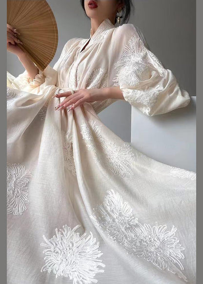 Boutique Apricot Embroideried Patchwork Chiffon Dresses Lantern Sleeve Spring