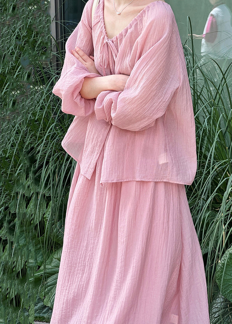 Pink Lace Up Shirt and Skirts Silk Fall Two Pieces Set Wrinkled