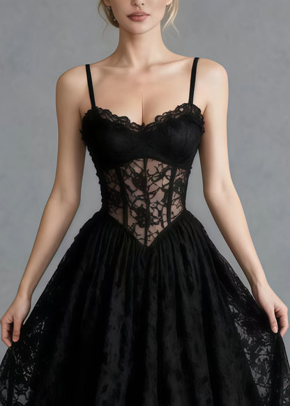Black Hollow Out Exra Large Hem Lace Cami Dresses Summer
