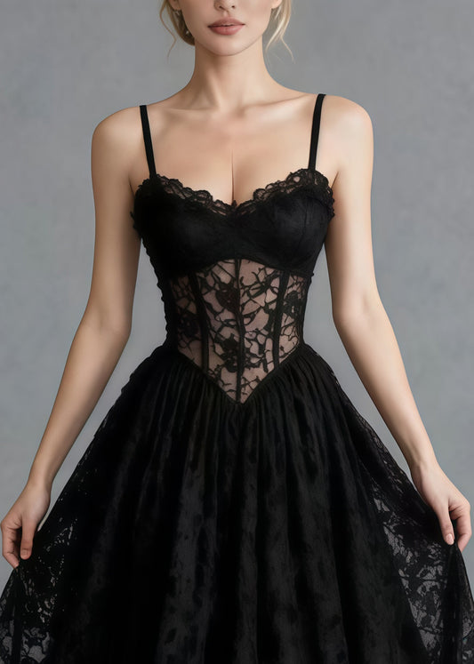 Black Hollow Out Exra Large Hem Lace Cami Dresses Summer