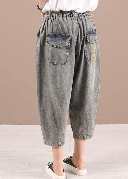 Black Grey Elastic Waist Embroideried Jeans Pants